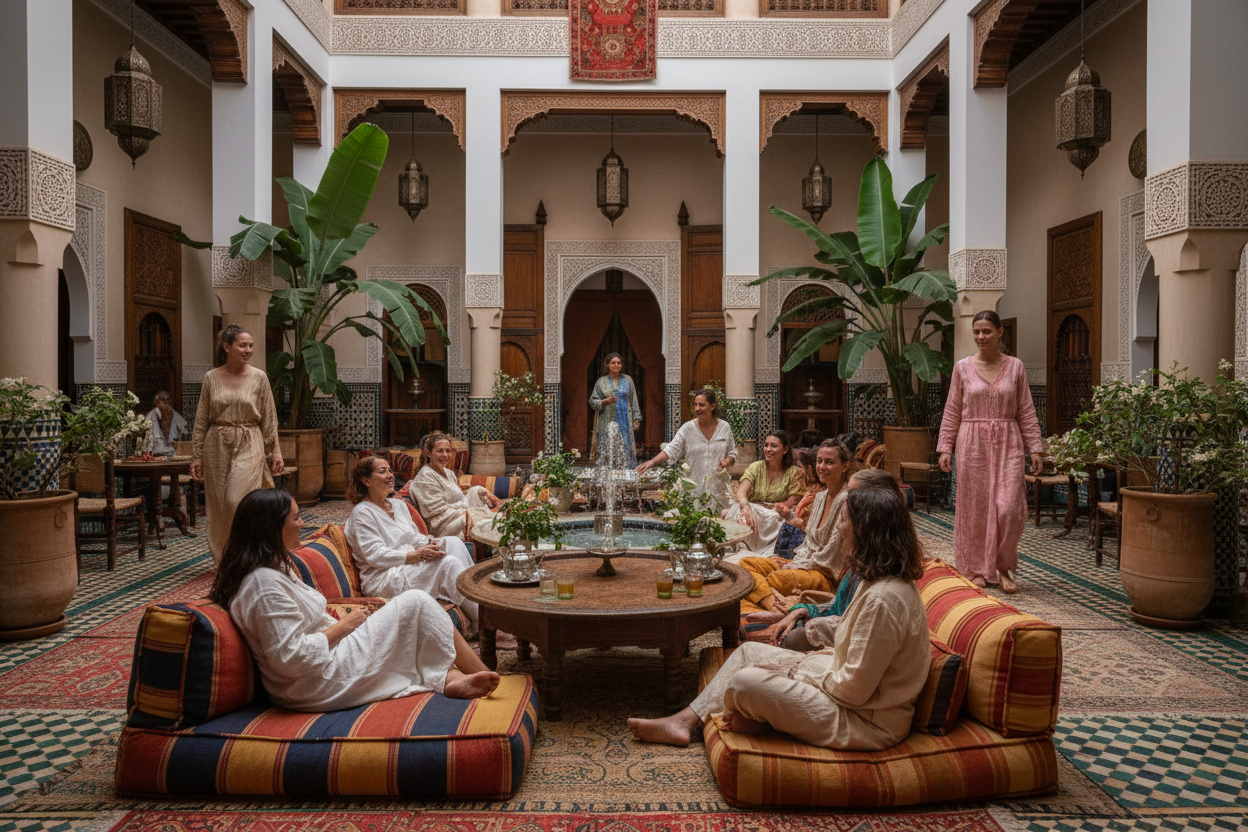 Women enjoying retreat in Marrakech with local culture